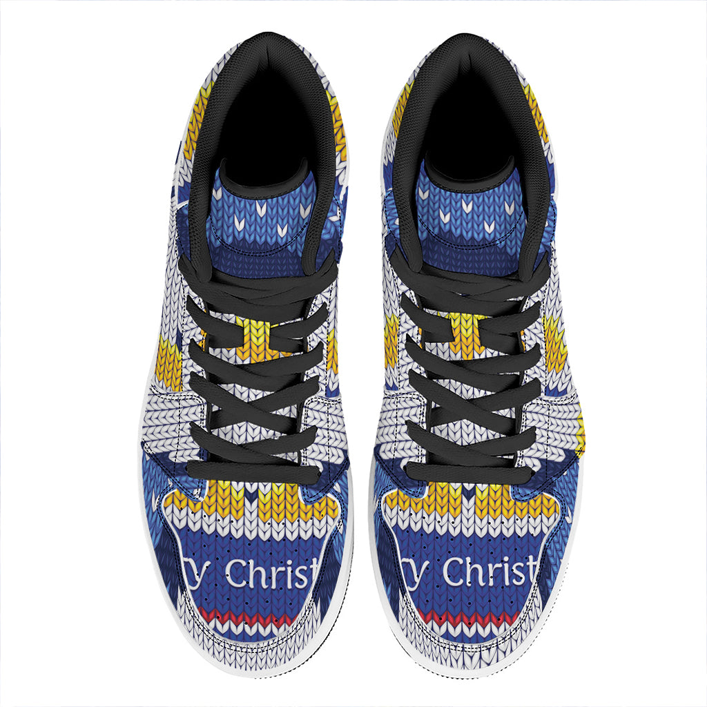 Christmas High Top Leather Sneakers with Penguin Knitted Design