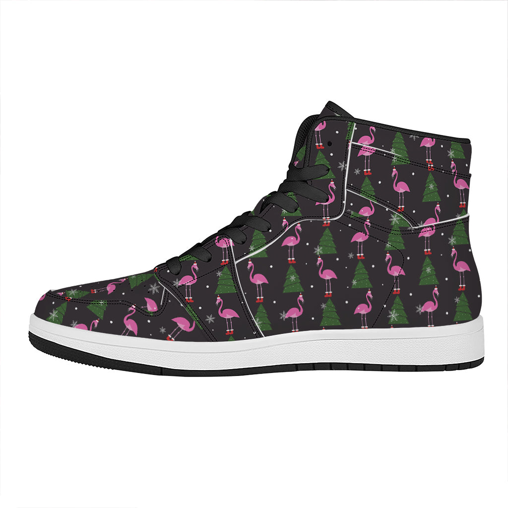 Christmas High Top Leather Sneakers with Pink Flamingo Pattern