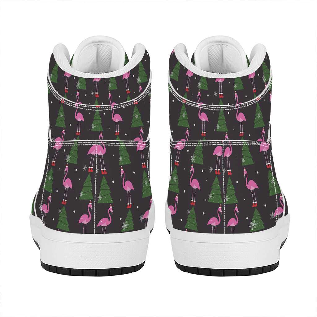 Christmas High Top Leather Sneakers with Pink Flamingo Pattern