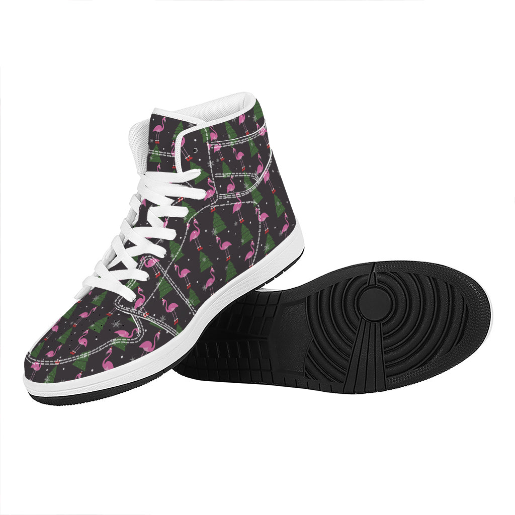 Christmas High Top Leather Sneakers with Pink Flamingo Pattern