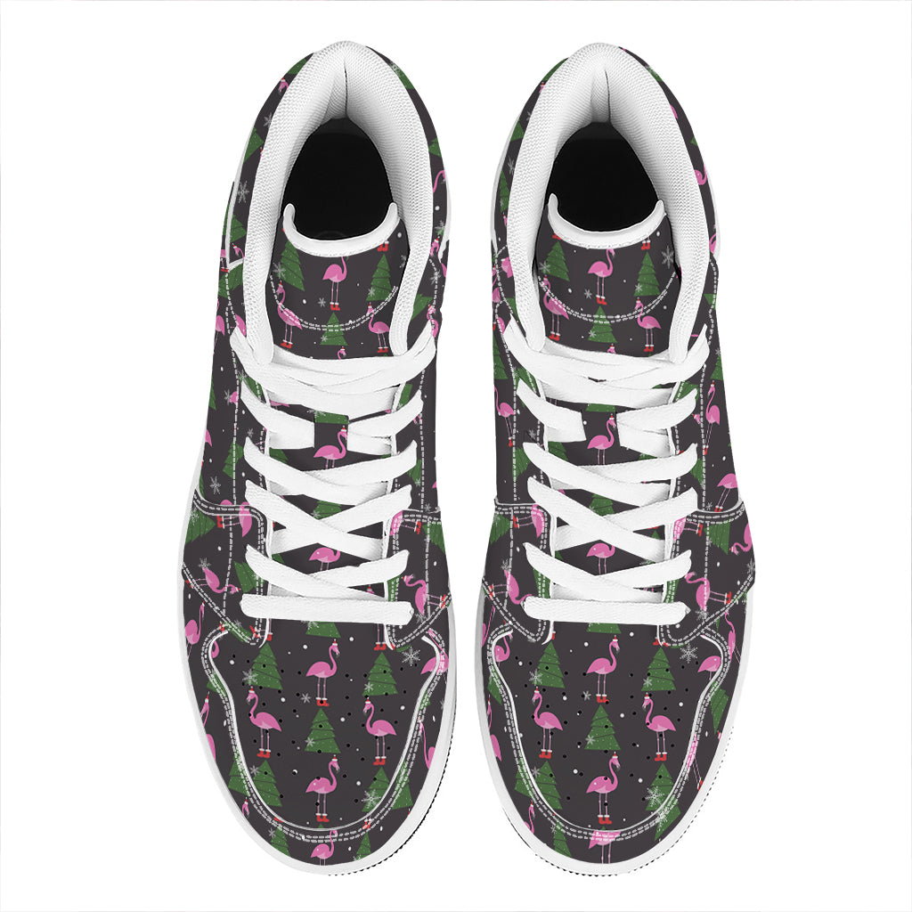 Christmas High Top Leather Sneakers with Pink Flamingo Pattern