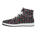 Christmas High Top Leather Sneakers with Pink Flamingo Pattern