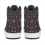 Christmas High Top Leather Sneakers with Pink Flamingo Pattern