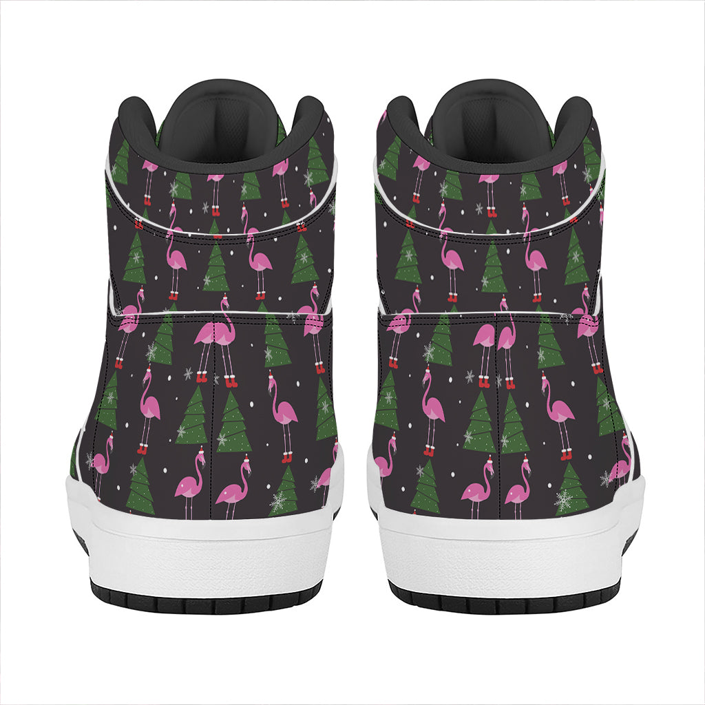 Christmas High Top Leather Sneakers with Pink Flamingo Pattern