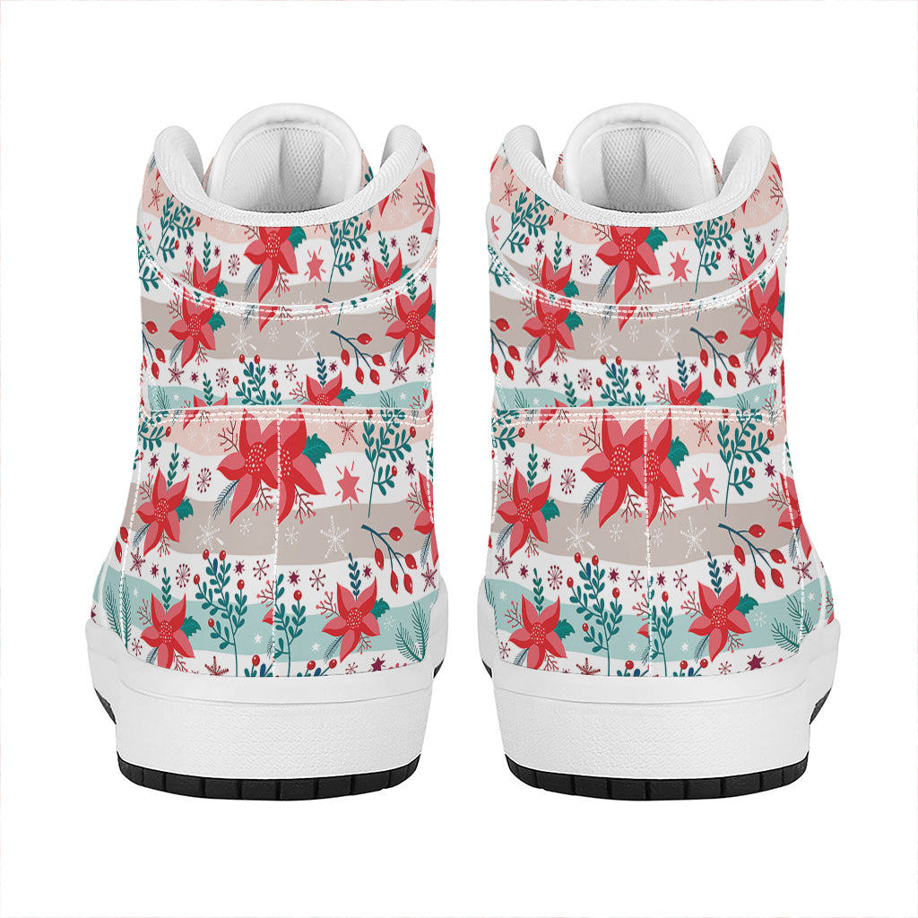 Christmas High Top Leather Sneakers with Poinsettia Floral Print