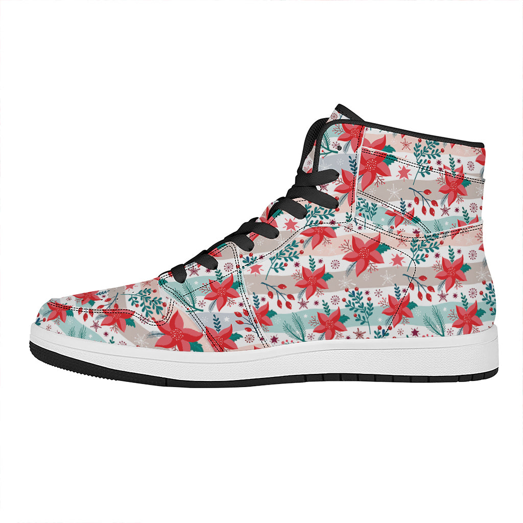 Christmas High Top Leather Sneakers with Poinsettia Floral Print