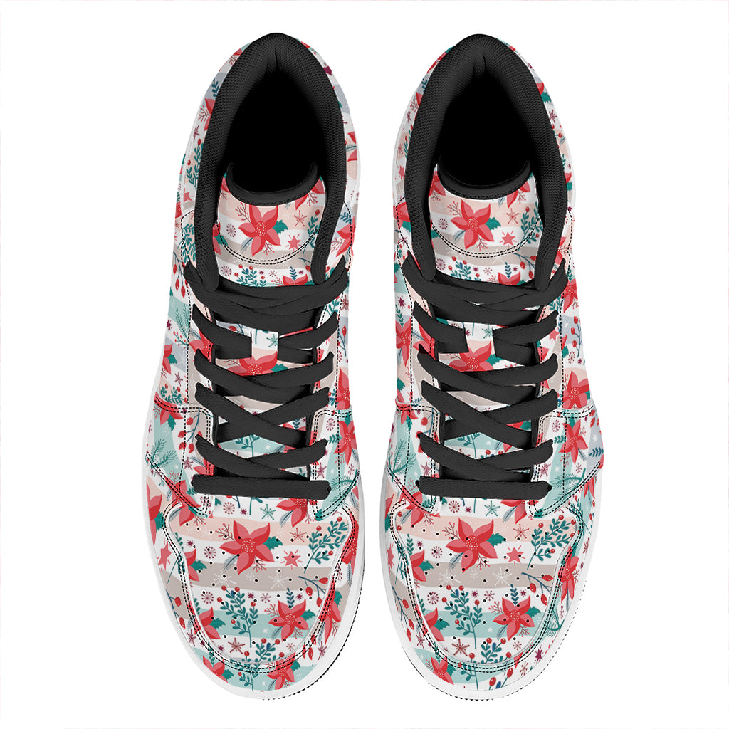 Christmas High Top Leather Sneakers with Poinsettia Floral Print