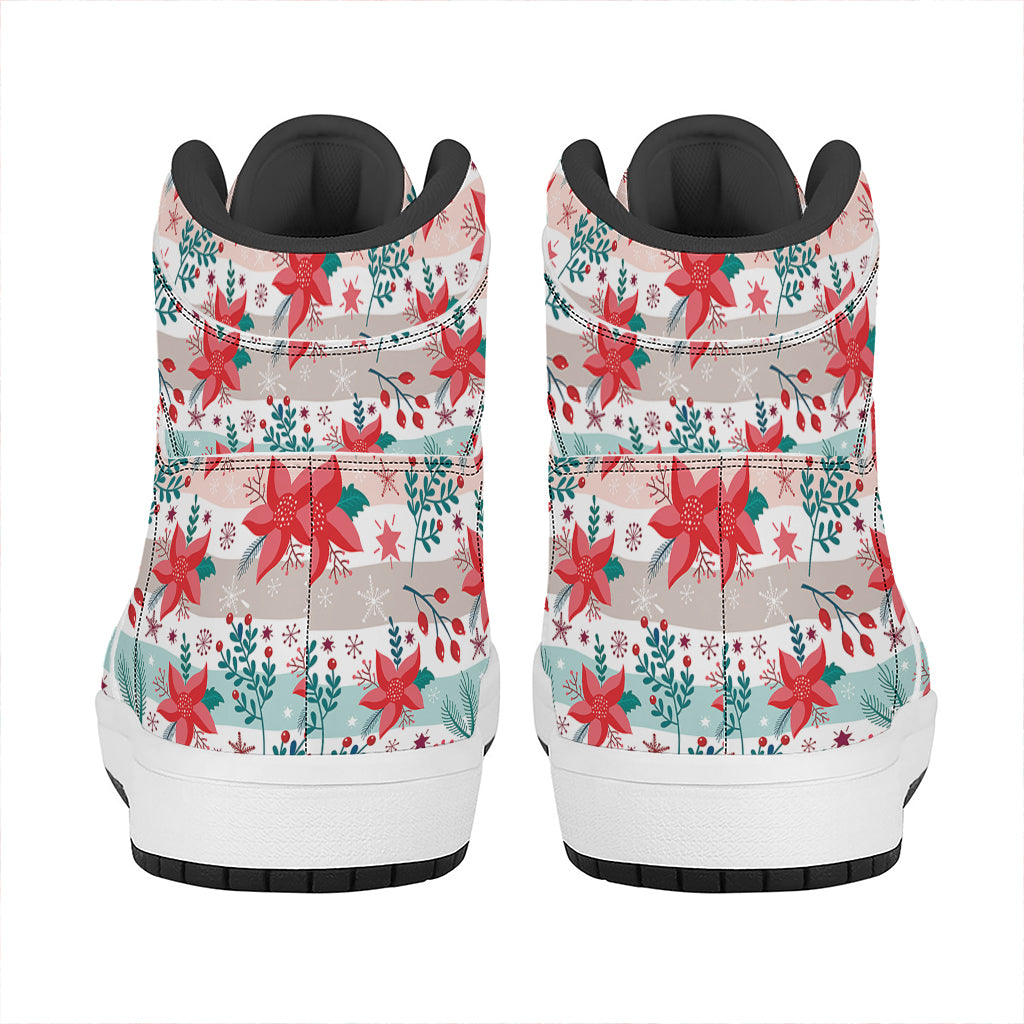 Christmas High Top Leather Sneakers with Poinsettia Floral Print