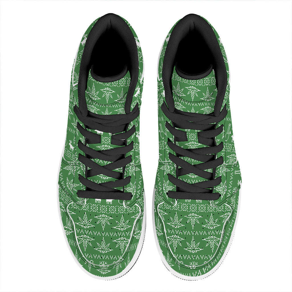 Christmas High Top Leather Sneakers with Pot Leaf Pattern