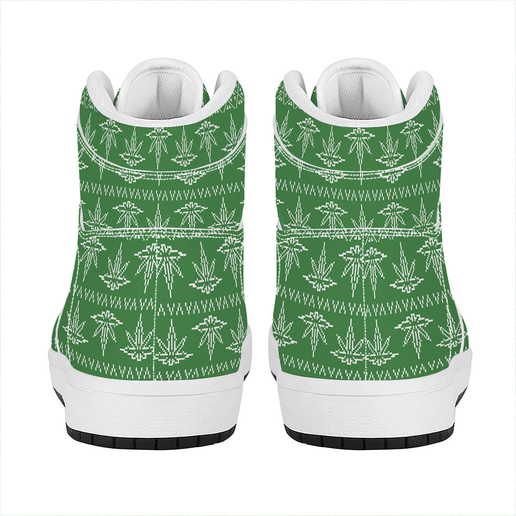 Christmas High Top Leather Sneakers with Pot Leaf Pattern