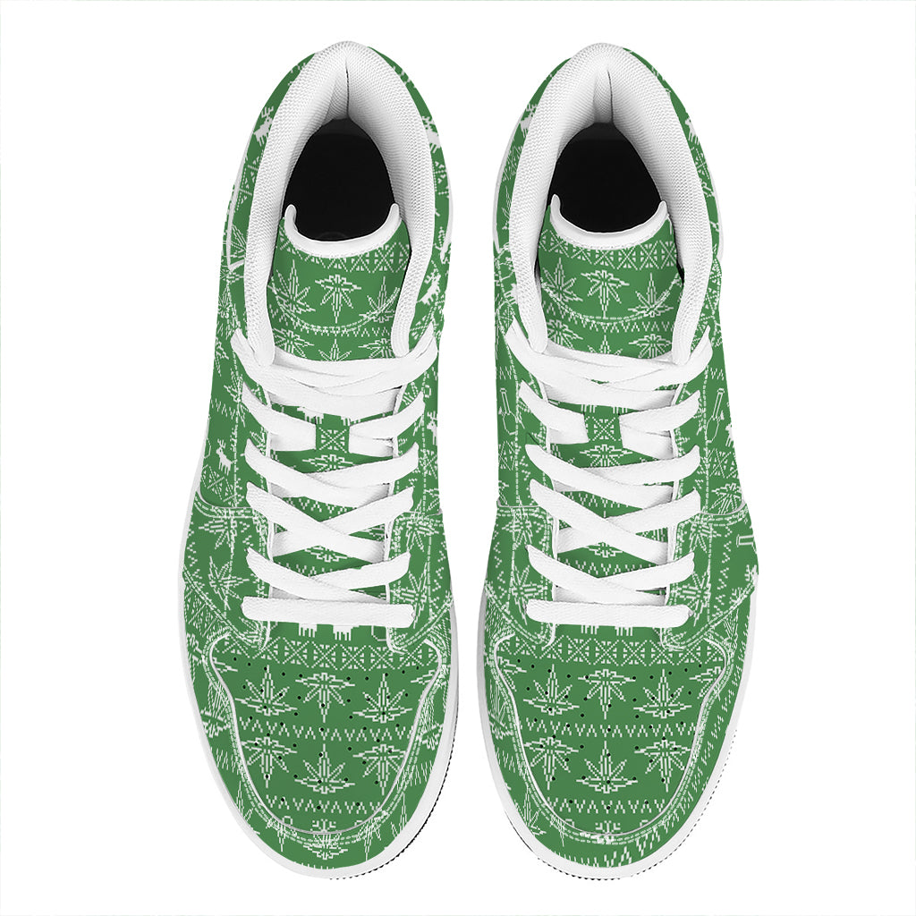 Christmas High Top Leather Sneakers with Pot Leaf Pattern