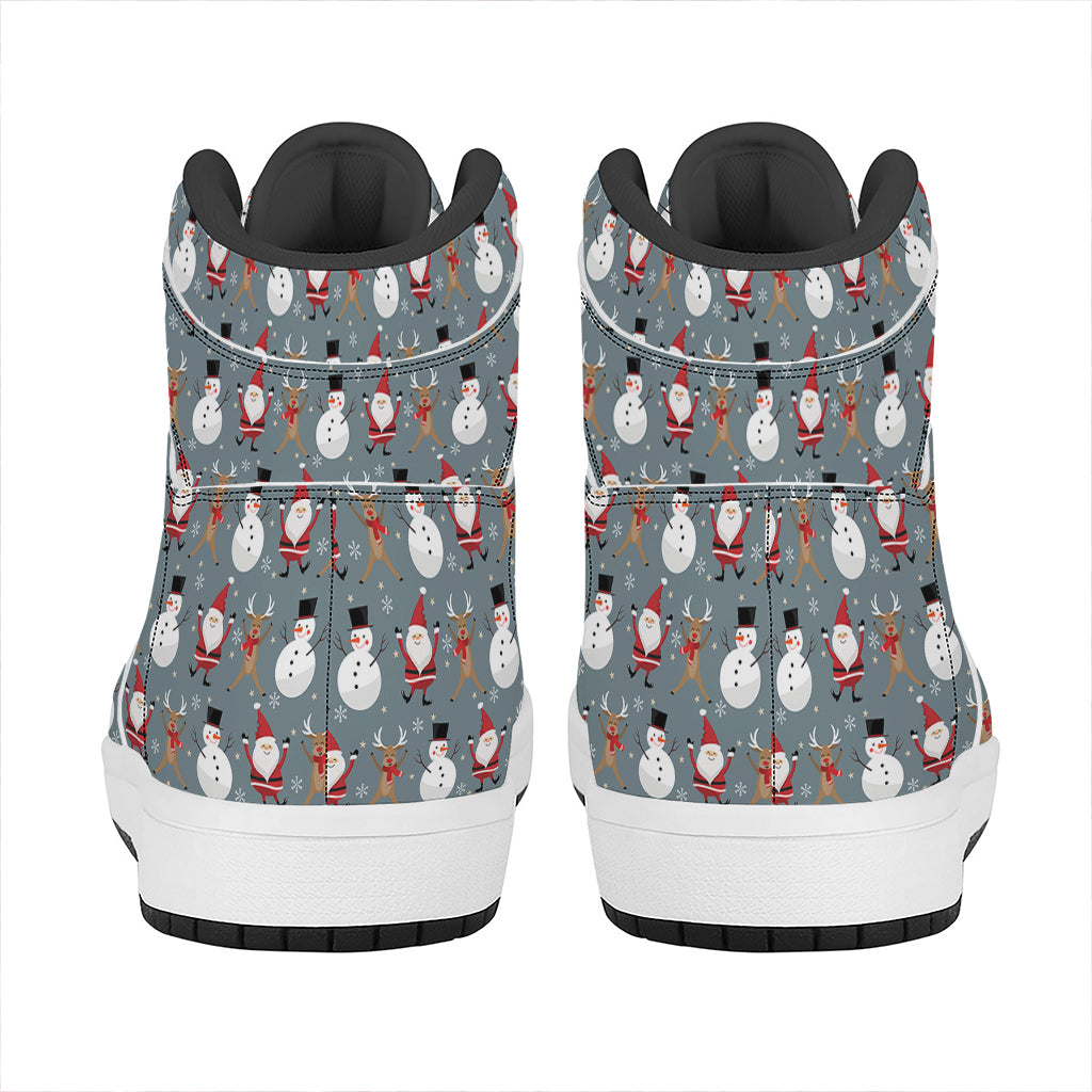 Christmas High Top Leather Sneakers with Santa Claus and Friends Design