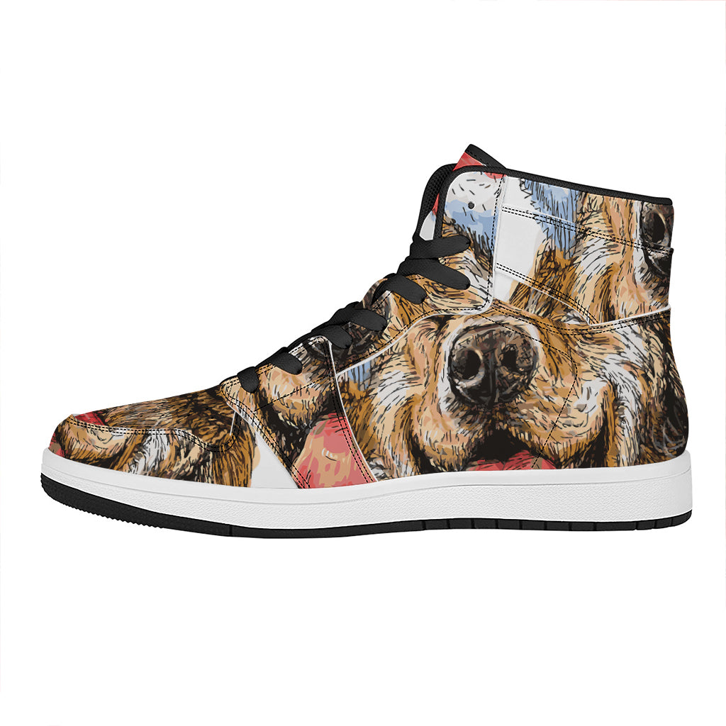 Christmas High Top Leather Sneakers with Santa Labrador Retriever Print