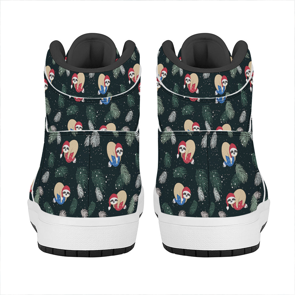 Christmas High Top Leather Sneakers with Sleeping Sloths Pattern