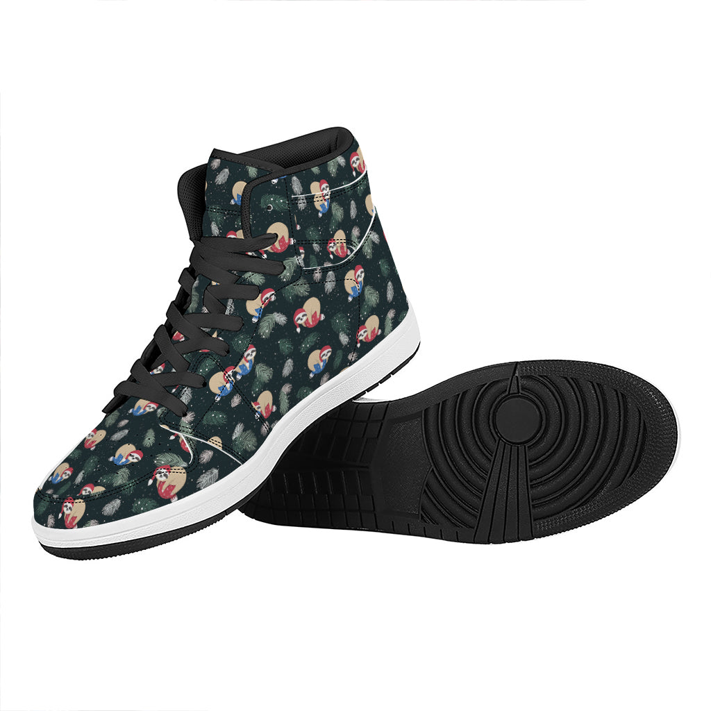 Christmas High Top Leather Sneakers with Sleeping Sloths Pattern