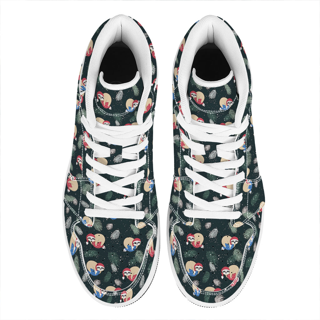 Christmas High Top Leather Sneakers with Sleeping Sloths Pattern