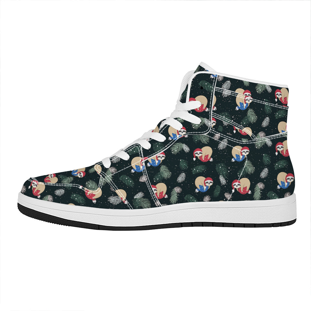 Christmas High Top Leather Sneakers with Sleeping Sloths Pattern