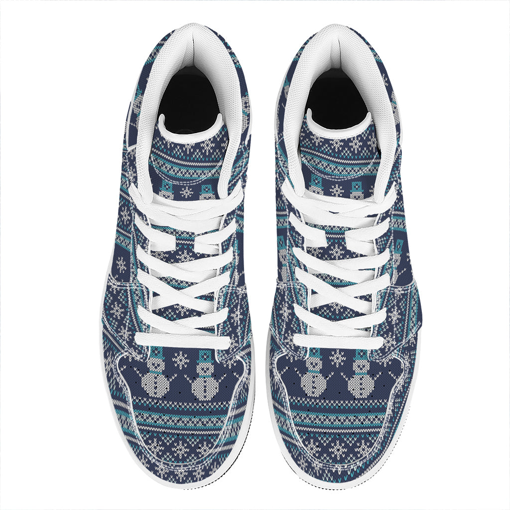 Christmas High Top Leather Sneakers with Snowman Knit Pattern