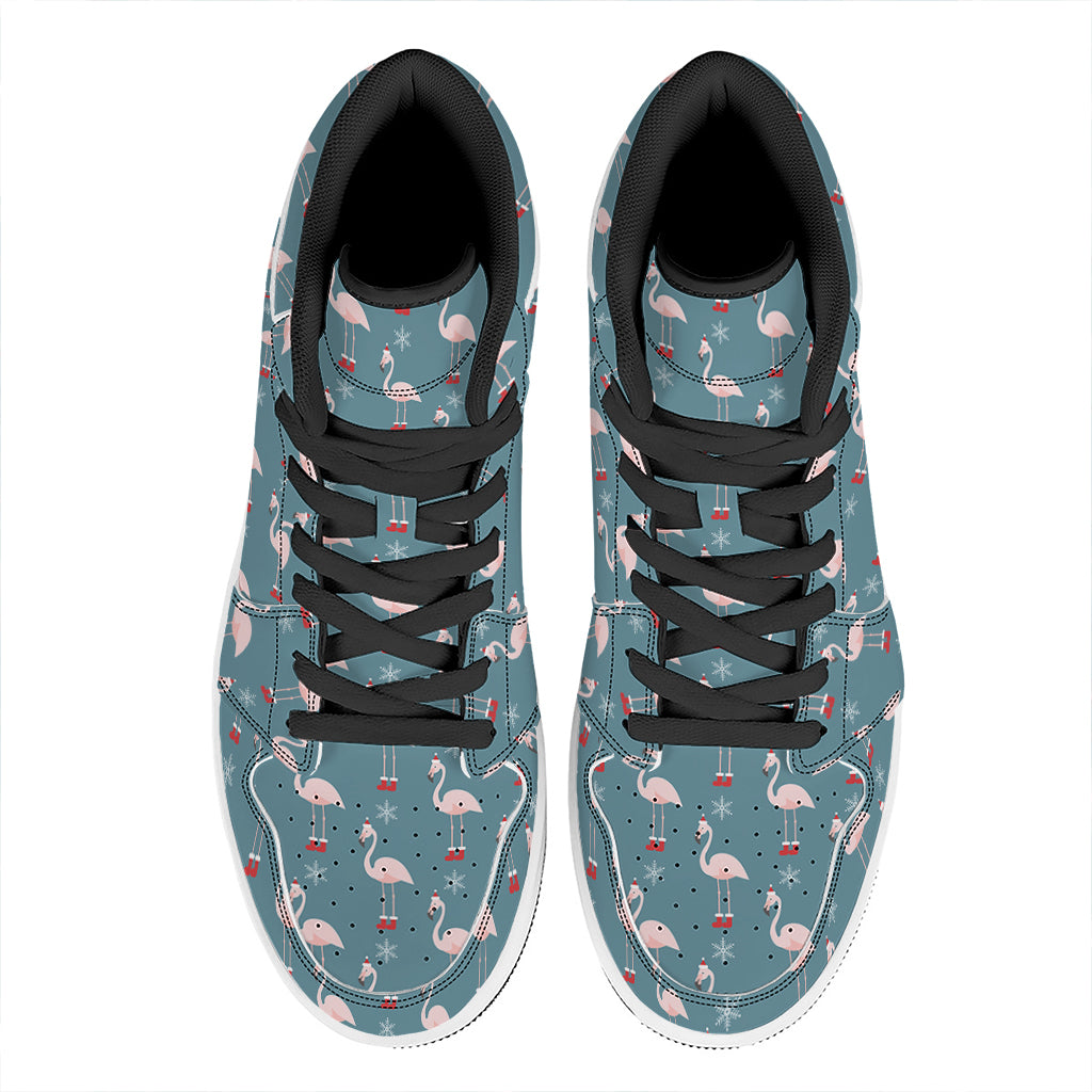 Christmas High Top Leather Sneakers with Snowy Flamingo Pattern