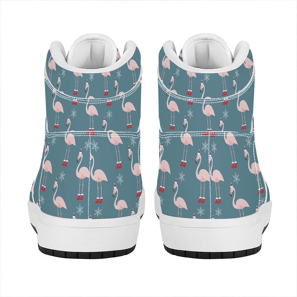 Christmas High Top Leather Sneakers with Snowy Flamingo Pattern