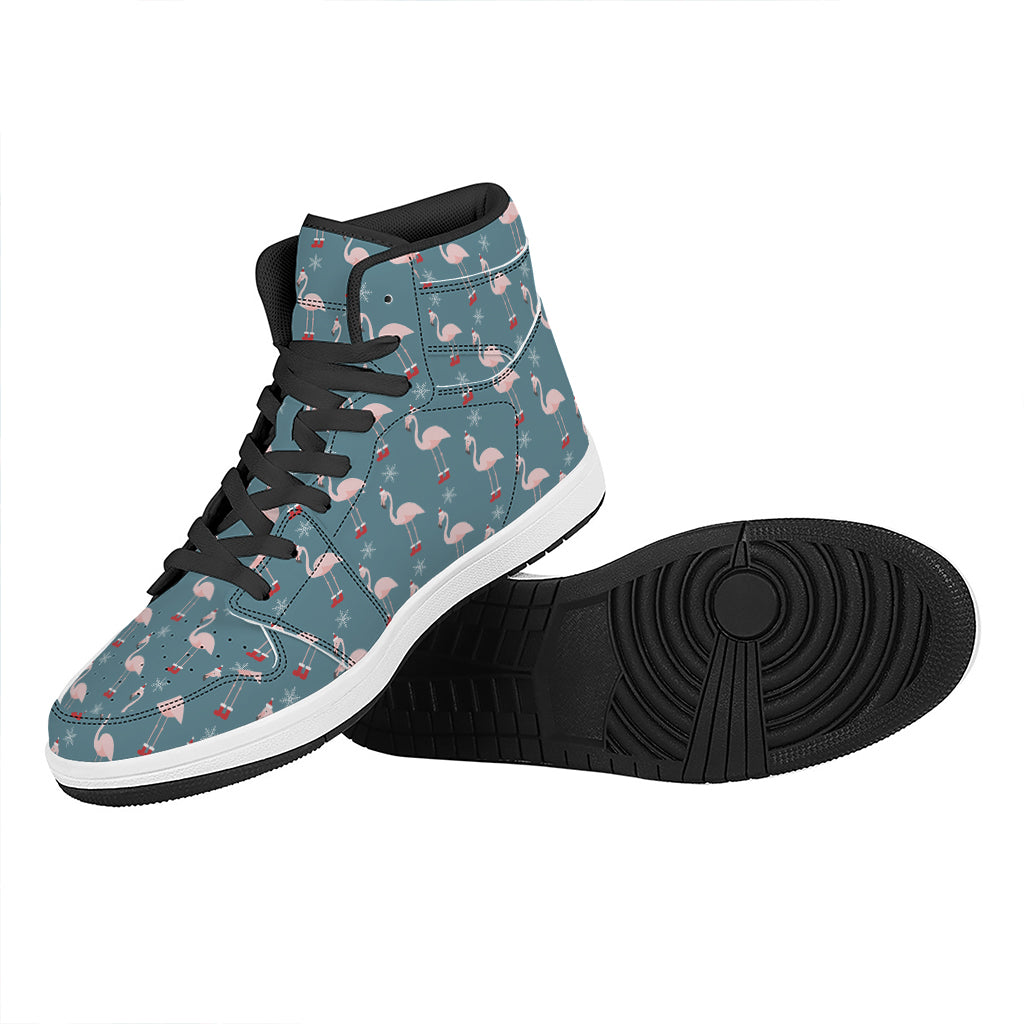 Christmas High Top Leather Sneakers with Snowy Flamingo Pattern