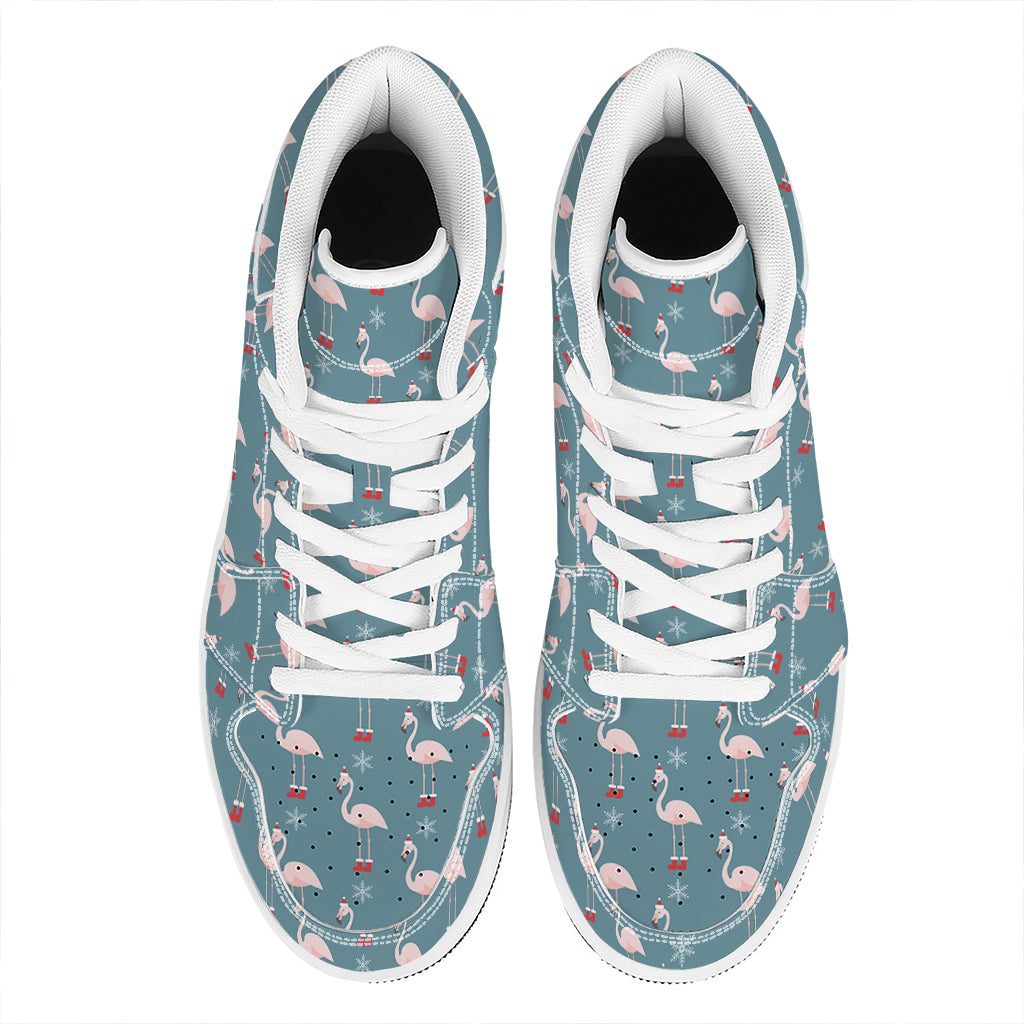 Christmas High Top Leather Sneakers with Snowy Flamingo Pattern