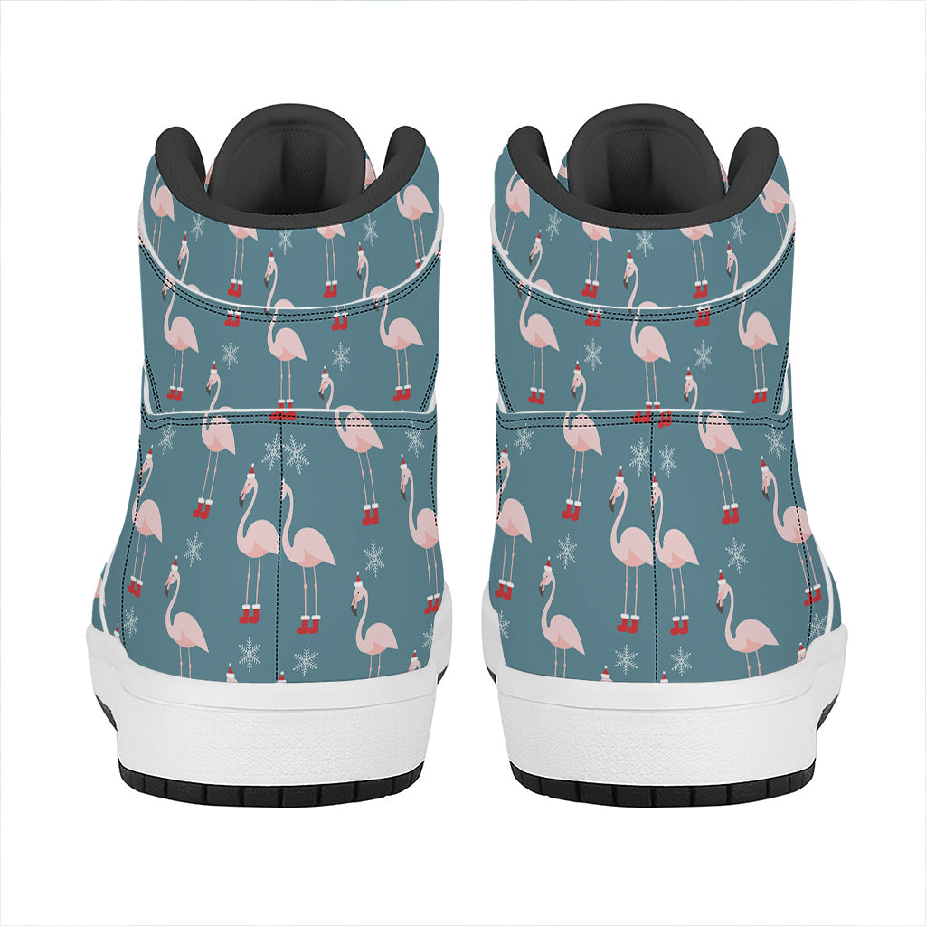 Christmas High Top Leather Sneakers with Snowy Flamingo Pattern