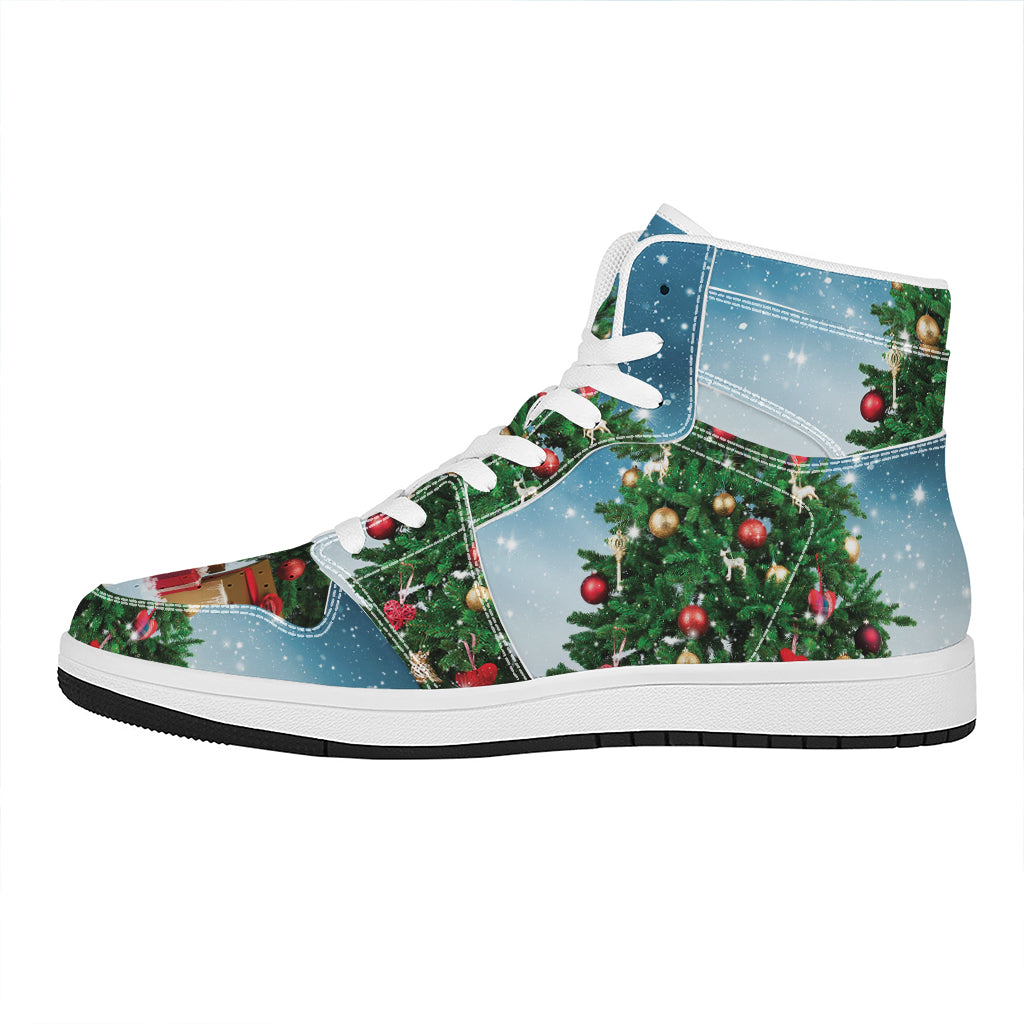 Christmas High Top Leather Sneakers with Tree and Snow Print