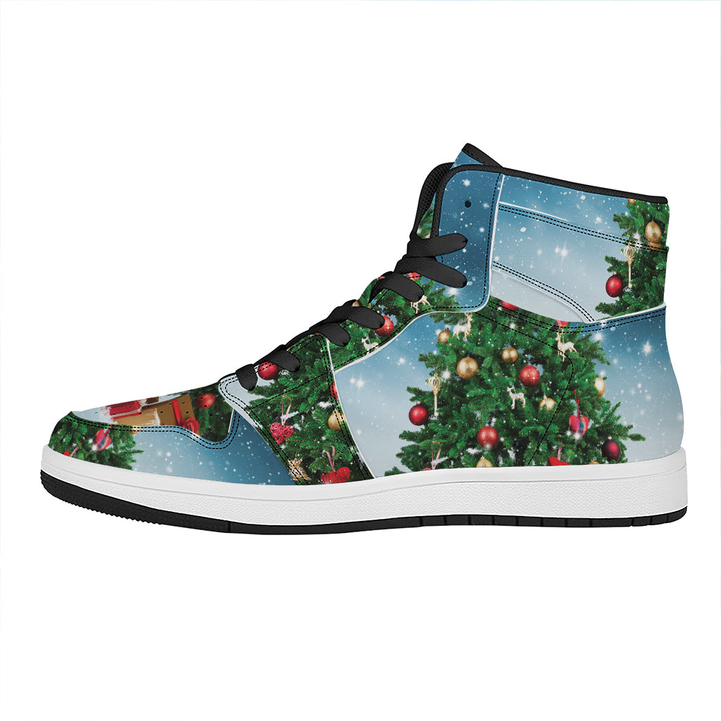 Christmas High Top Leather Sneakers with Tree and Snow Print