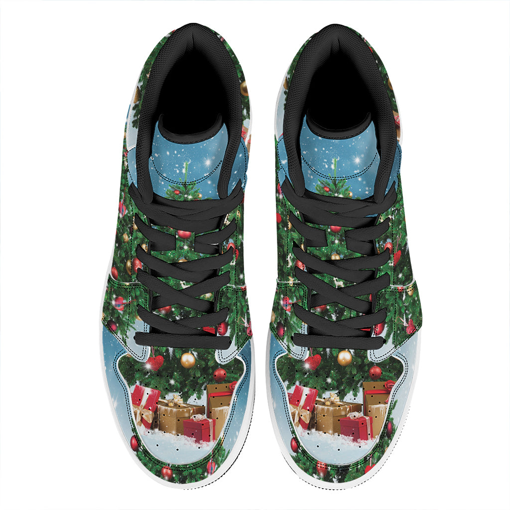 Christmas High Top Leather Sneakers with Tree and Snow Print