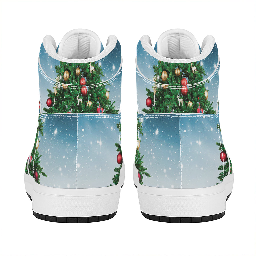 Christmas High Top Leather Sneakers with Tree and Snow Print