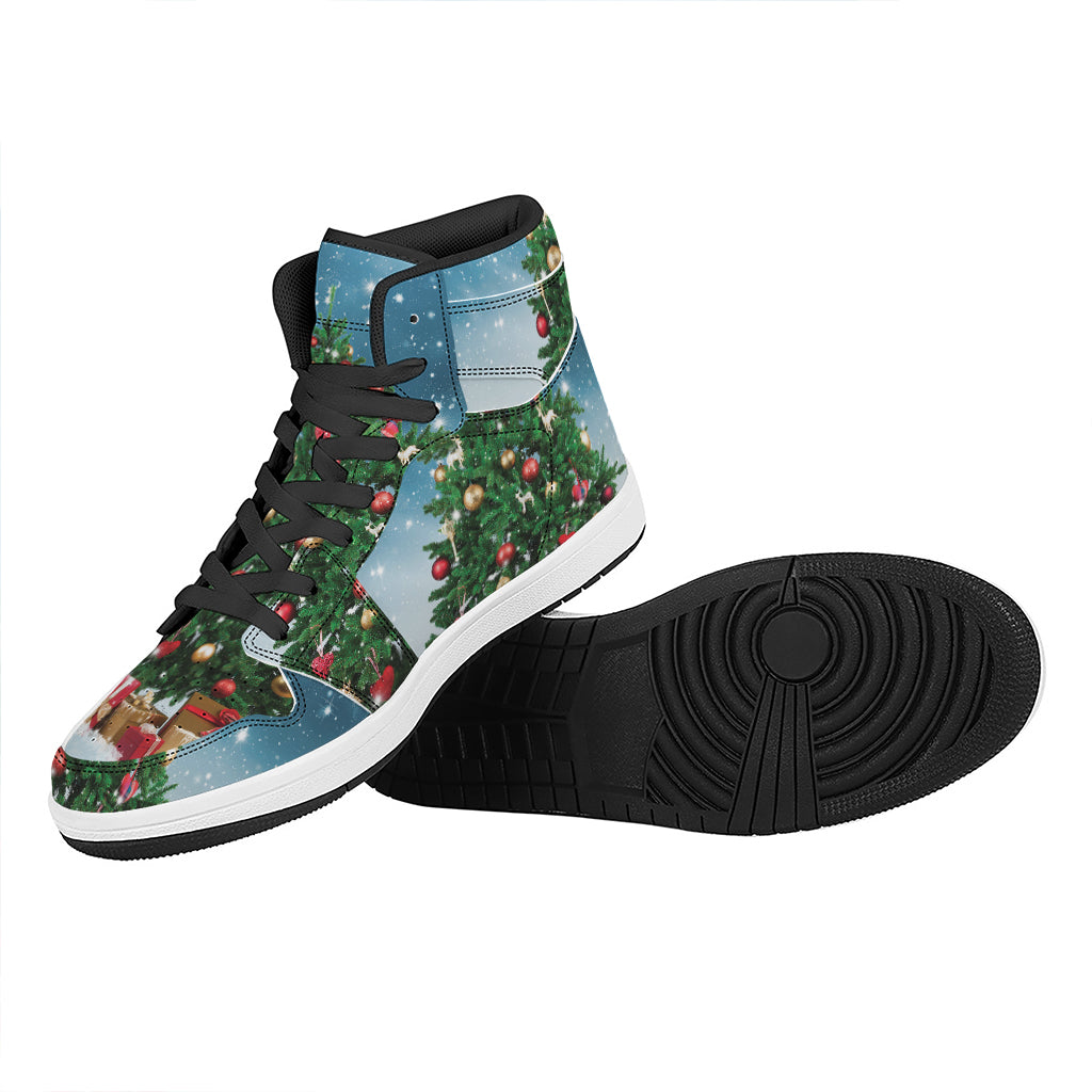 Christmas High Top Leather Sneakers with Tree and Snow Print