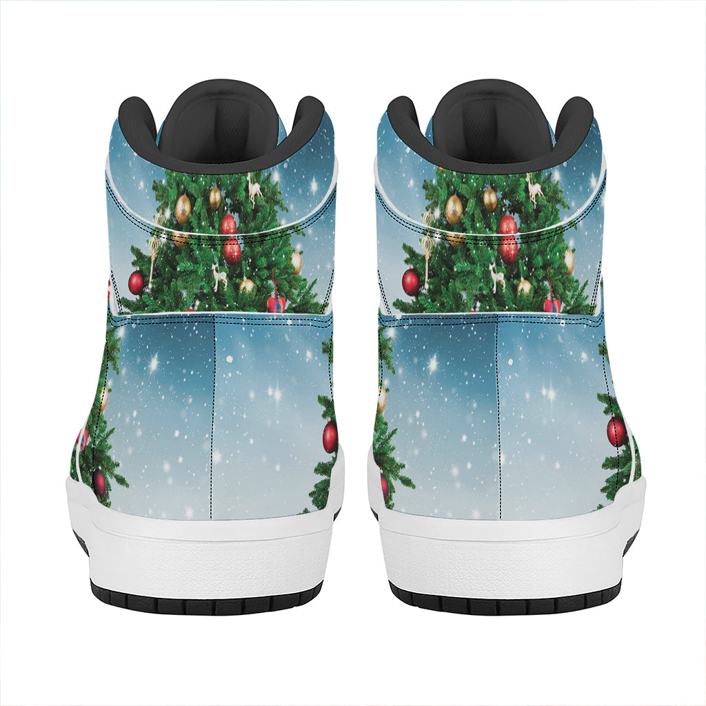 Christmas High Top Leather Sneakers with Tree and Snow Print