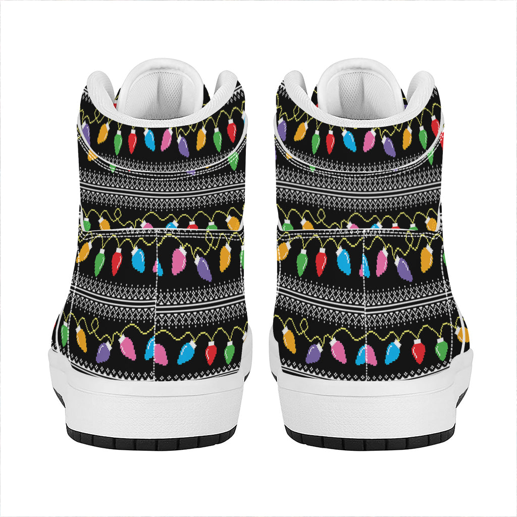 Christmas High Top Leather Sneakers with Tree Lights Print