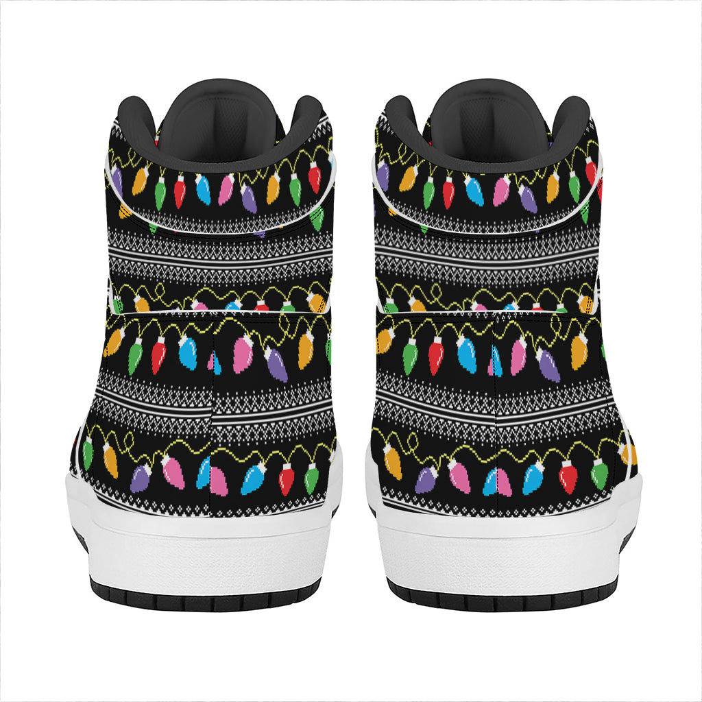 Christmas High Top Leather Sneakers with Tree Lights Print