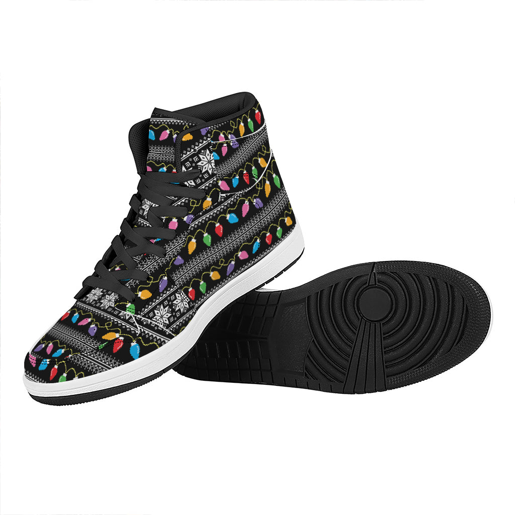 Christmas High Top Leather Sneakers with Tree Lights Print