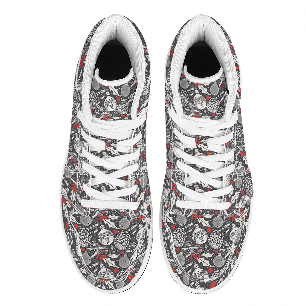 Christmas High Top Leather Sneakers with Vintage Decorations Print