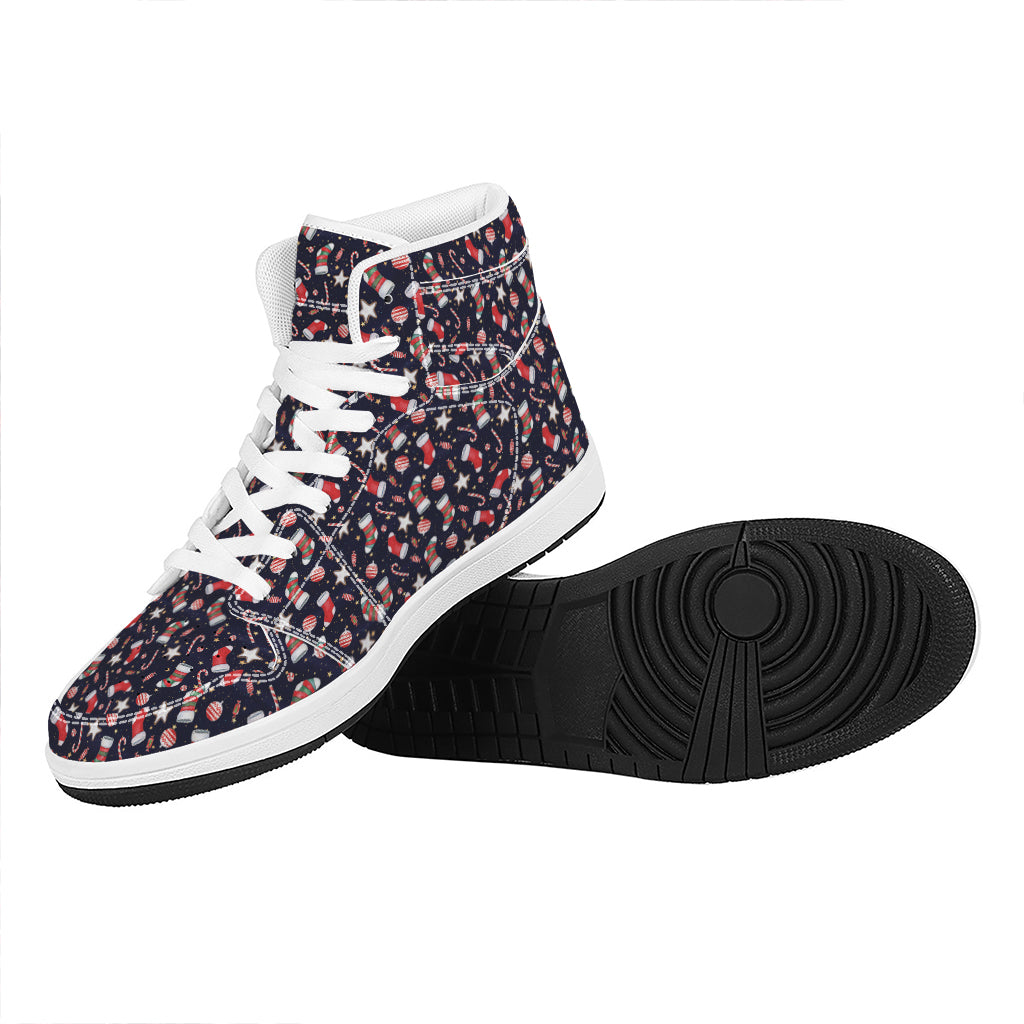 Christmas High Top Leather Sneakers with Watercolor Pattern Print