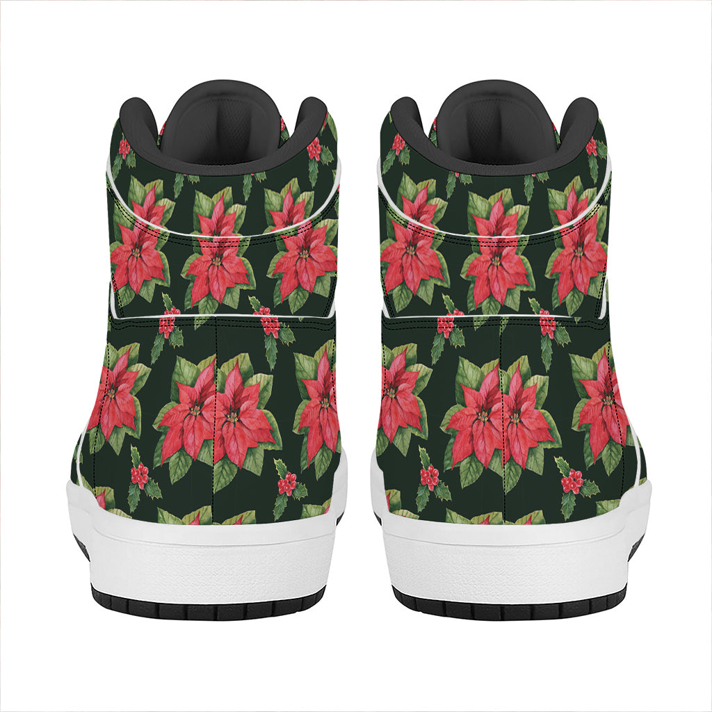 Christmas High Top Leather Sneakers with Watercolor Poinsettia Design