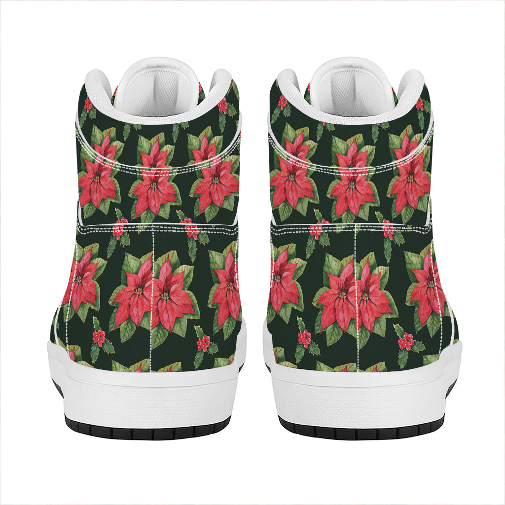 Christmas High Top Leather Sneakers with Watercolor Poinsettia Design