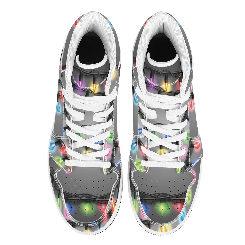 Christmas Themed High Top Leather Sneakers with Holiday Lights Design