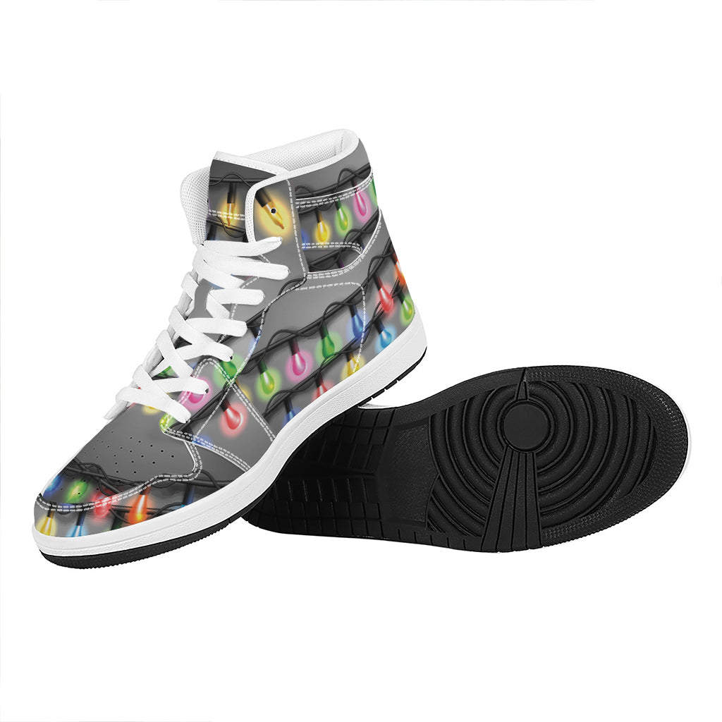 Christmas Themed High Top Leather Sneakers with Holiday Lights Design