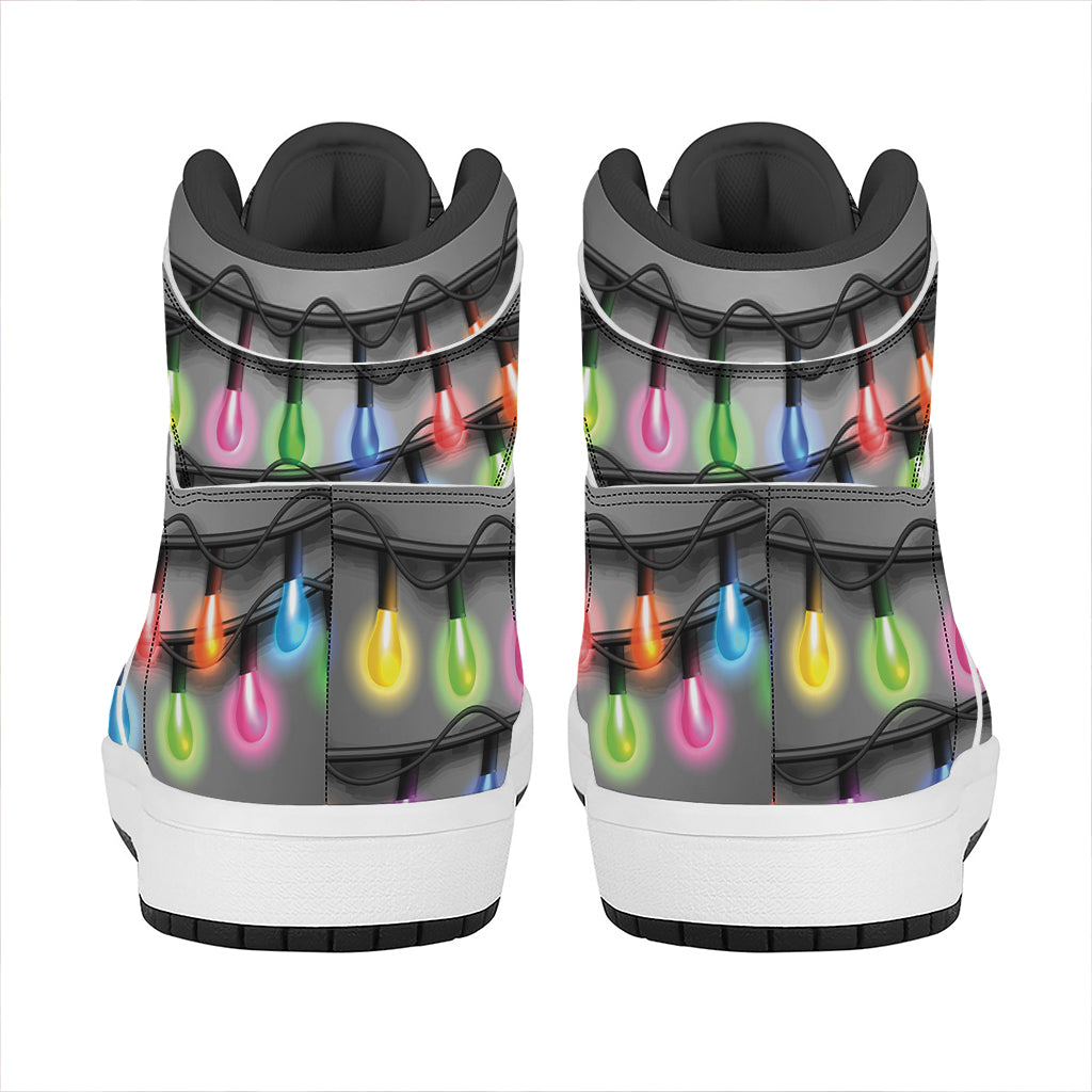 Christmas Themed High Top Leather Sneakers with Holiday Lights Design