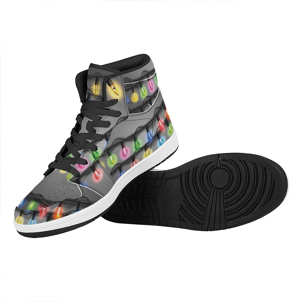 Christmas Themed High Top Leather Sneakers with Holiday Lights Design