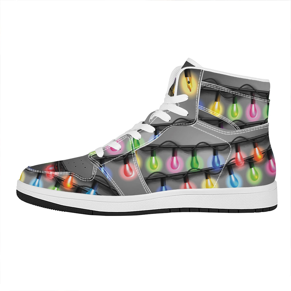 Christmas Themed High Top Leather Sneakers with Holiday Lights Design