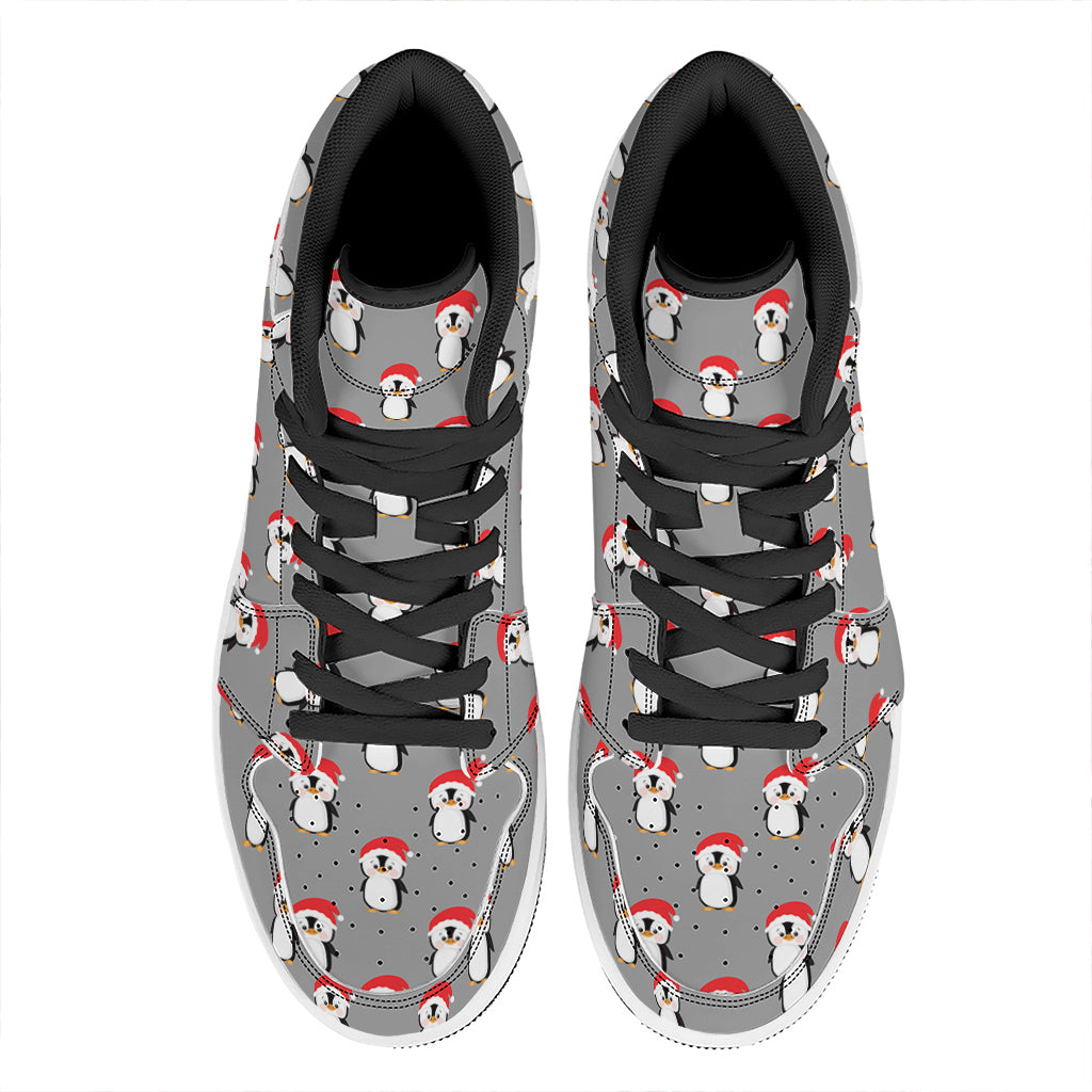 Christmas Themed High Top Leather Sneakers with Santa and Penguin Design