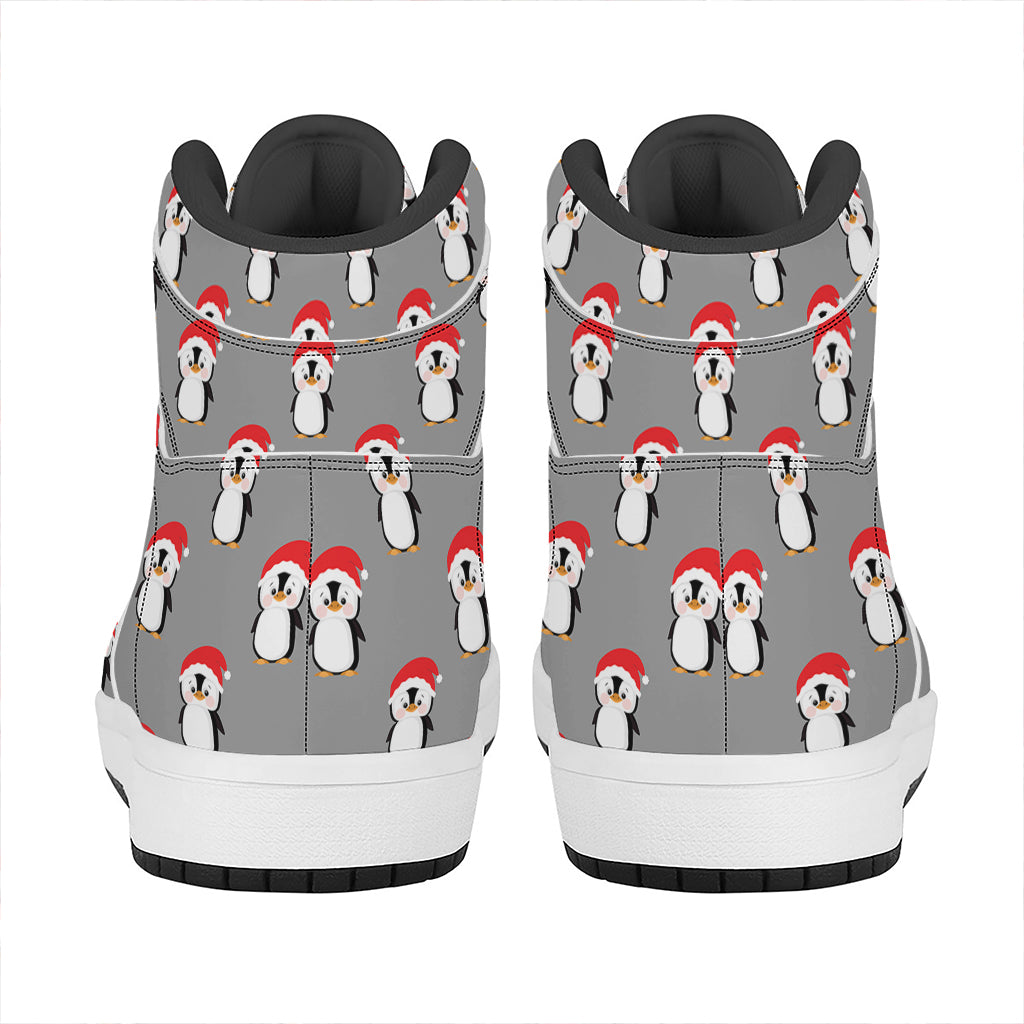 Christmas Themed High Top Leather Sneakers with Santa and Penguin Design