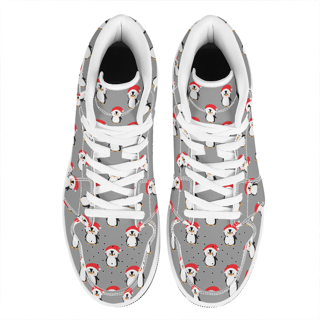 Christmas Themed High Top Leather Sneakers with Santa and Penguin Design