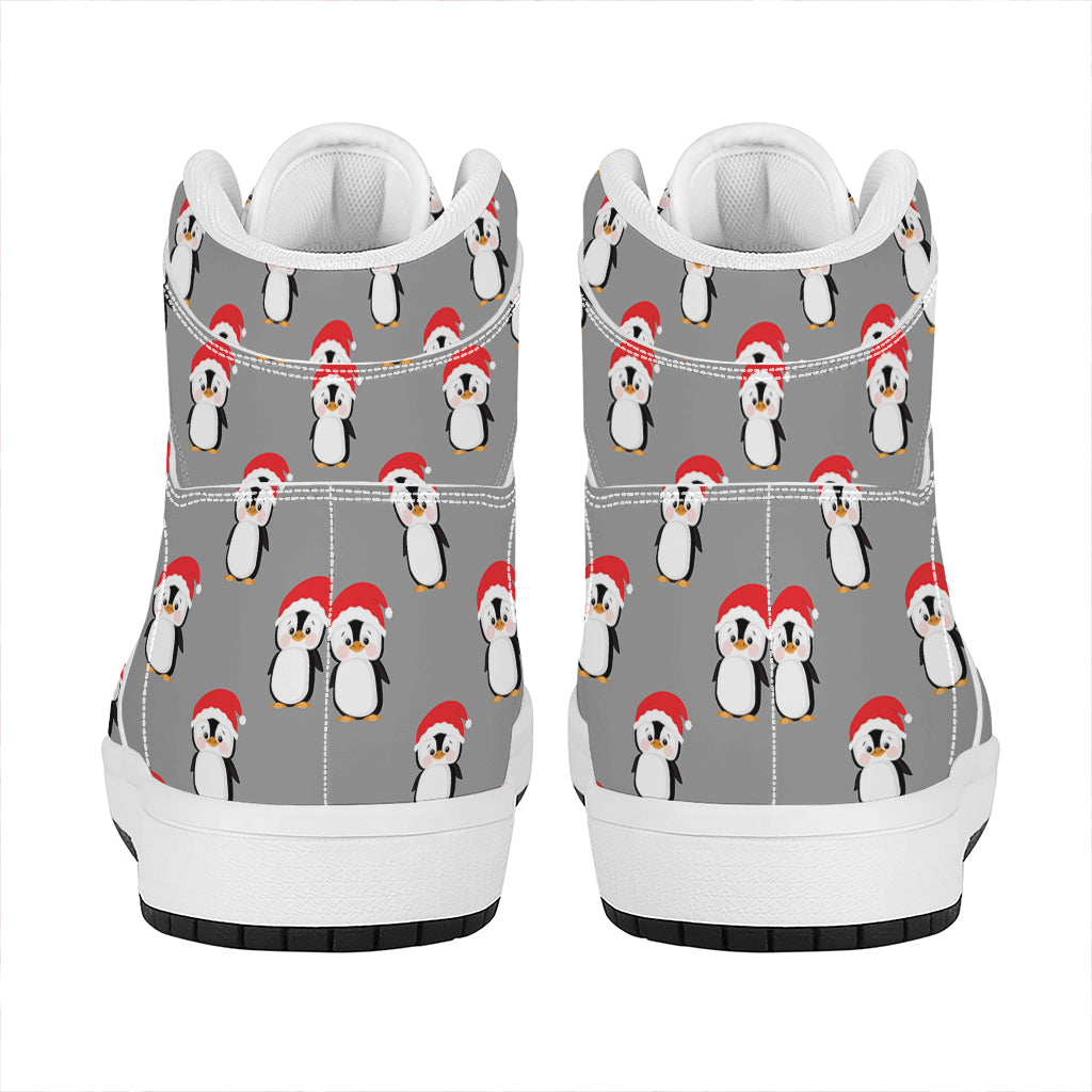 Christmas Themed High Top Leather Sneakers with Santa and Penguin Design