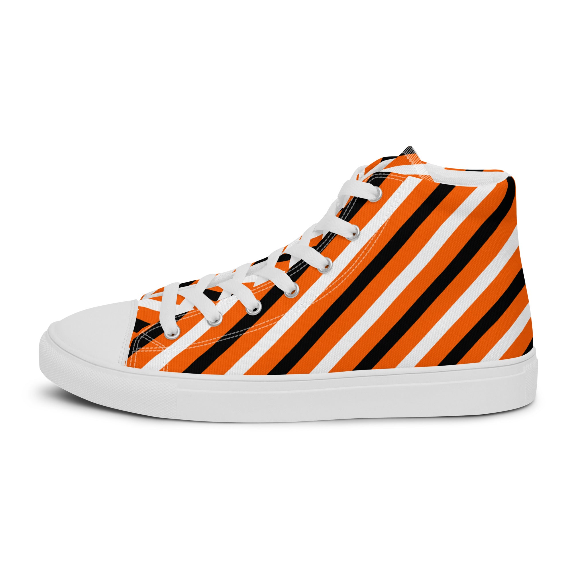 Men’s Orange and Black Striped High-Top Sneakers, Canvas Casual Shoes